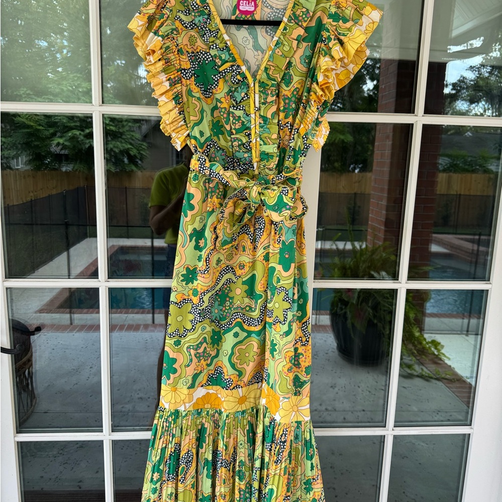 CeliaB Green & Yellow Floral Ruffled Midi Dress